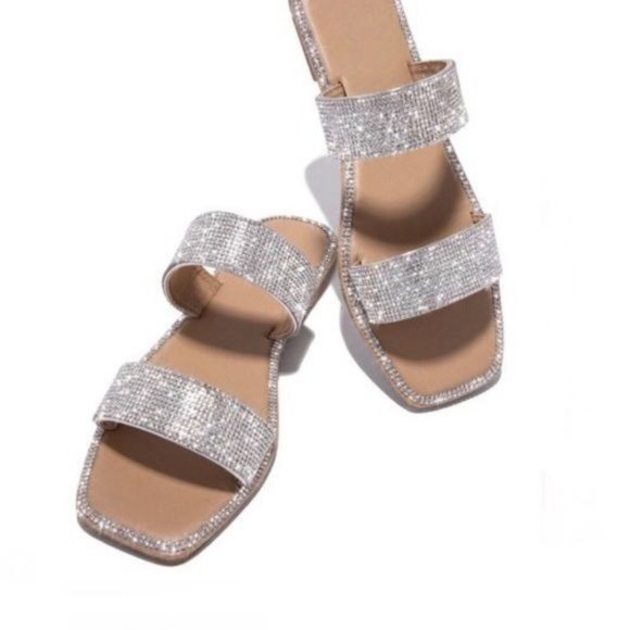 !! NEW !! Embellished Double Strap Square Toe Sandals in Silver - Picture 2 of 12